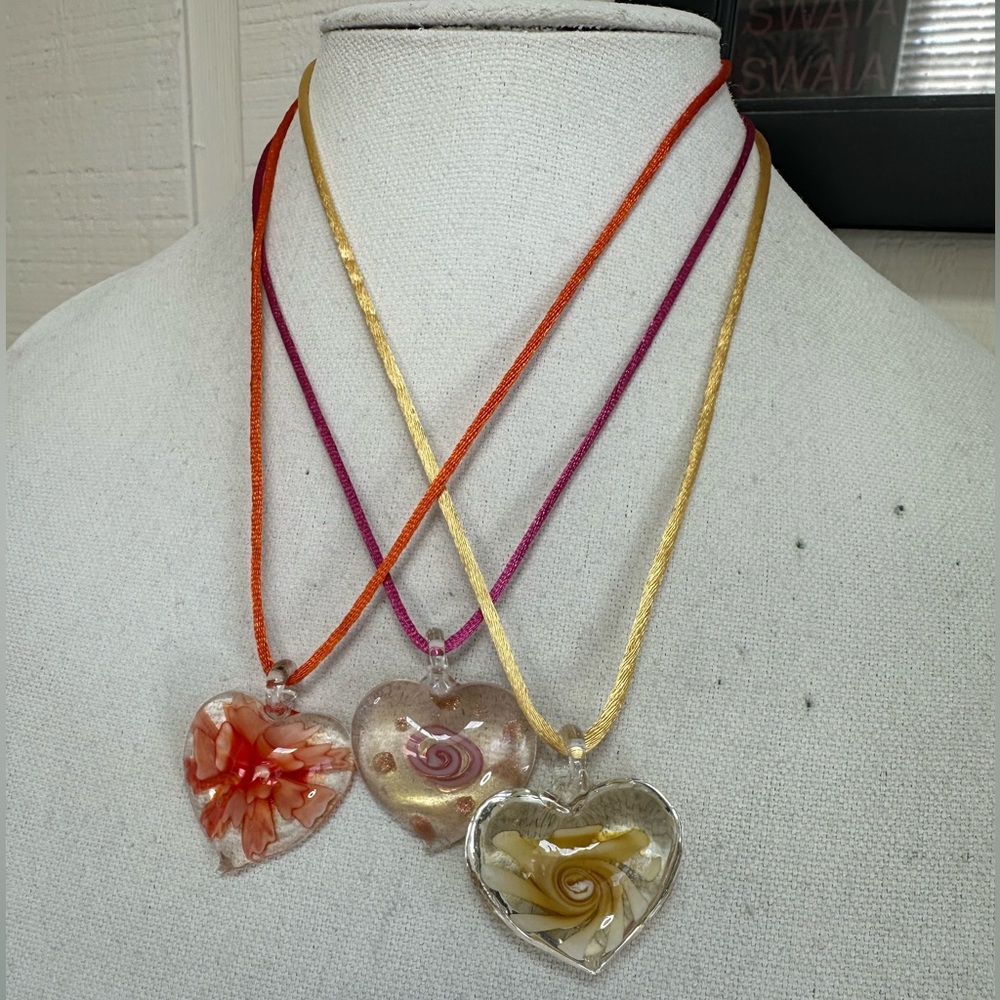 Three glass heart necklaces on satin cord - Picture 3 of 6